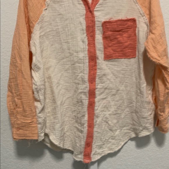 Aerie Orange Cream Pink Colorblock Oversized Long Sleeve Button Down Shirt - Picture 3 of 9